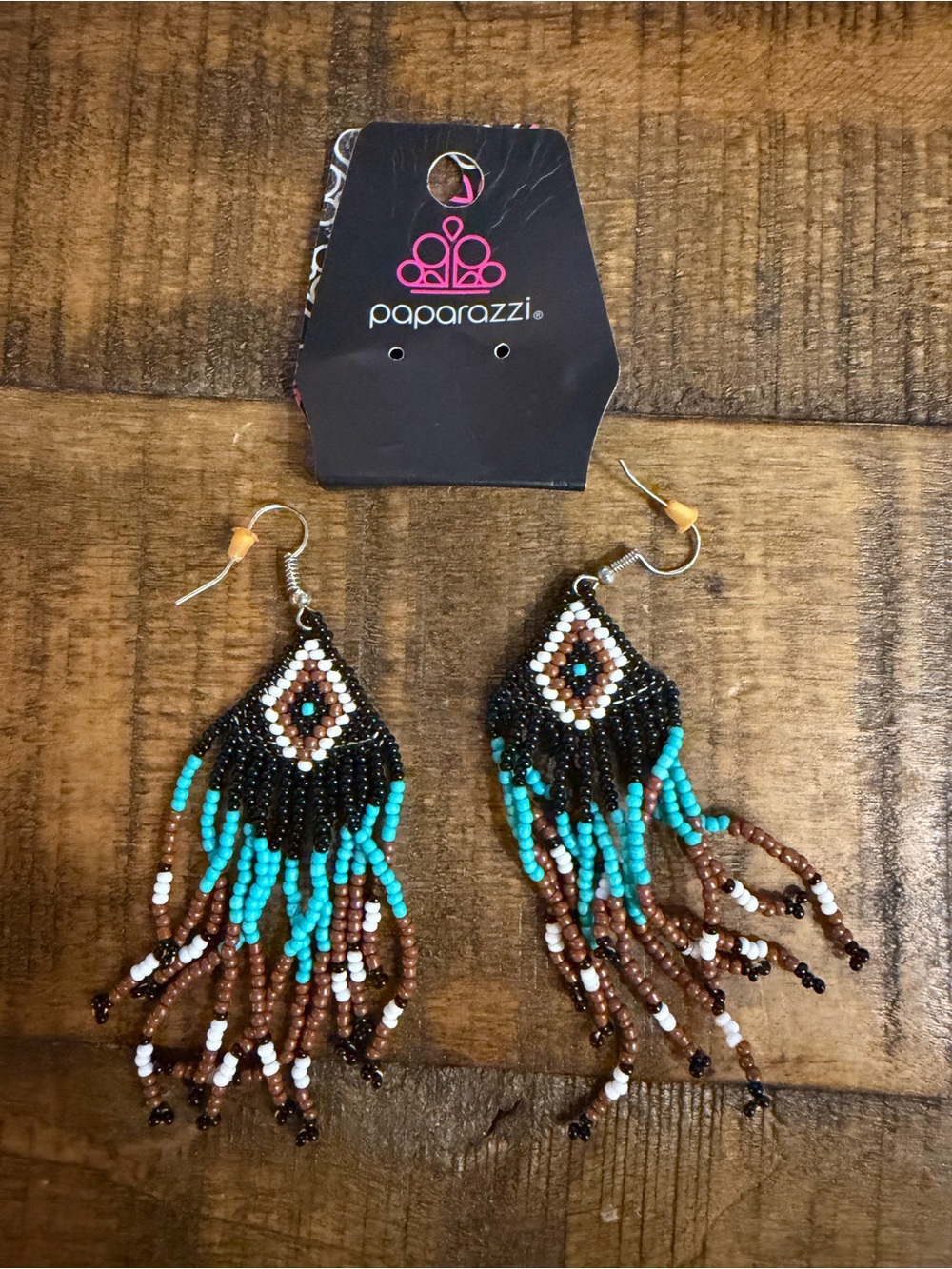 Paparazzi Turquoise, Brown & Black Beaded Fringe Earrings